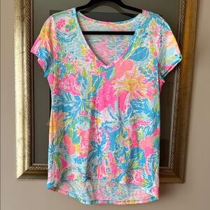 Lilly Pulitzer Etta V Neck Florida Cotton Slub Tee Shirt Medium